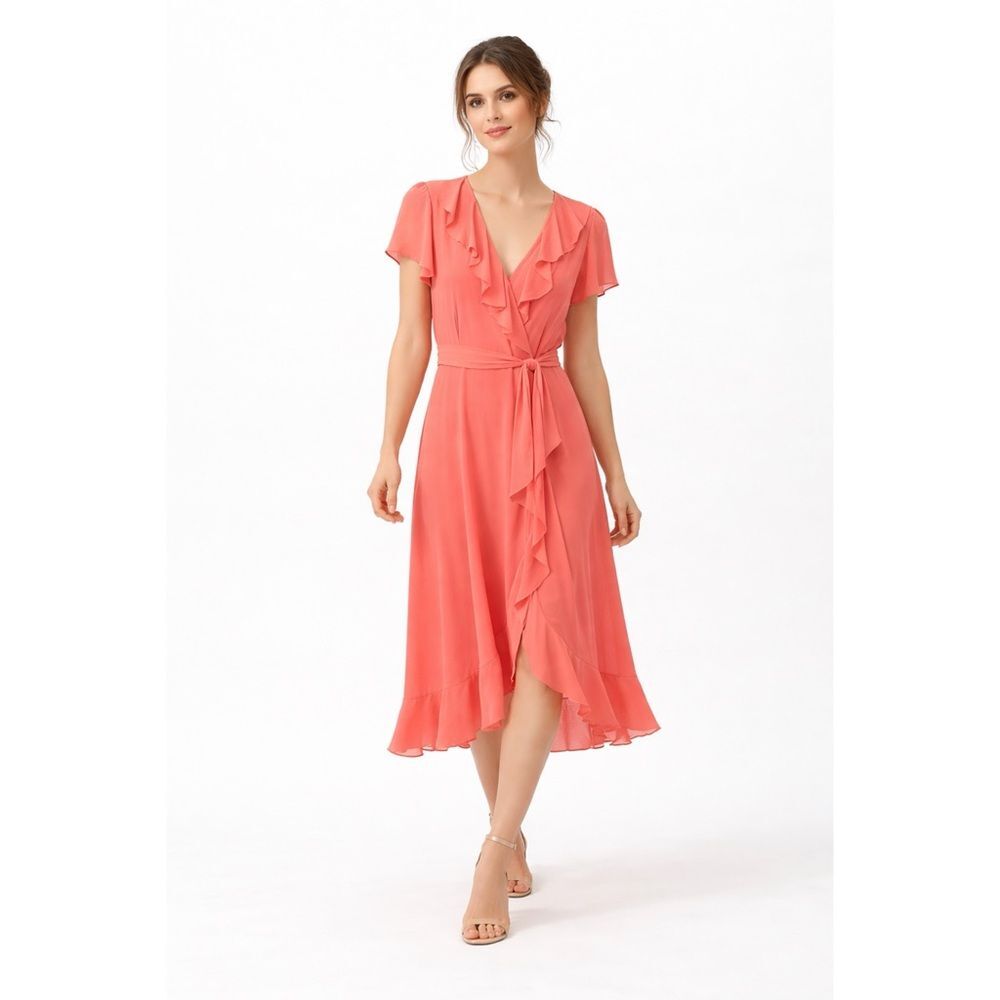 Gabby Skye Midi Dress Coral Wrap Ruffle Trim Size 10